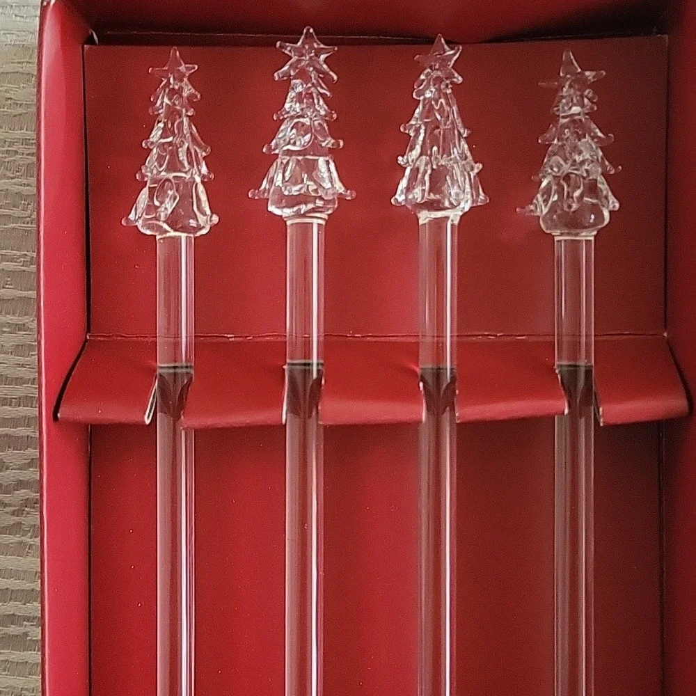 Clear Glass Christmas Tree Swizzle Sticks | Set of 4